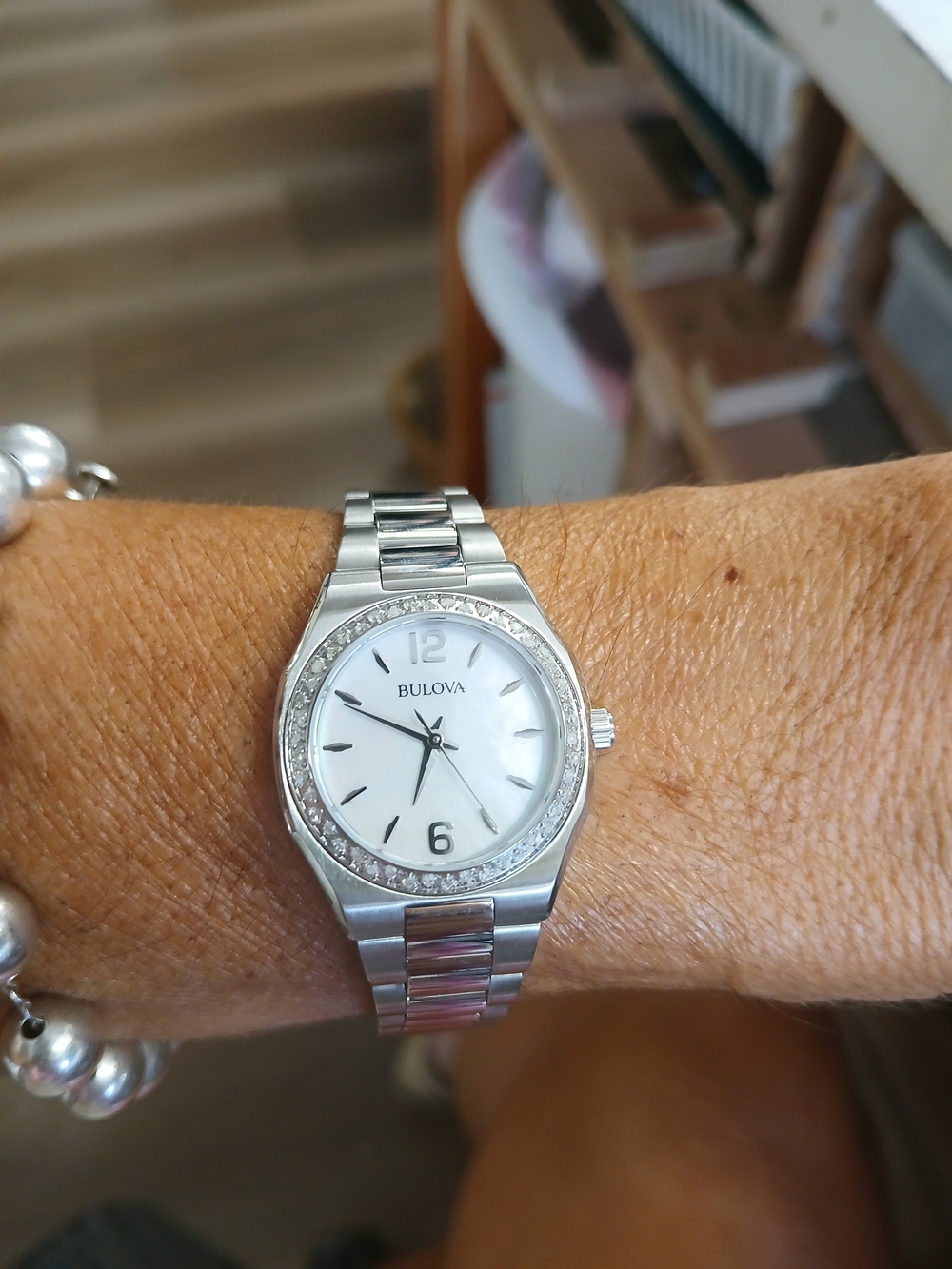 Bulova Women's Silver Stainless Steel Crystal Bezel Watch - Silver/White